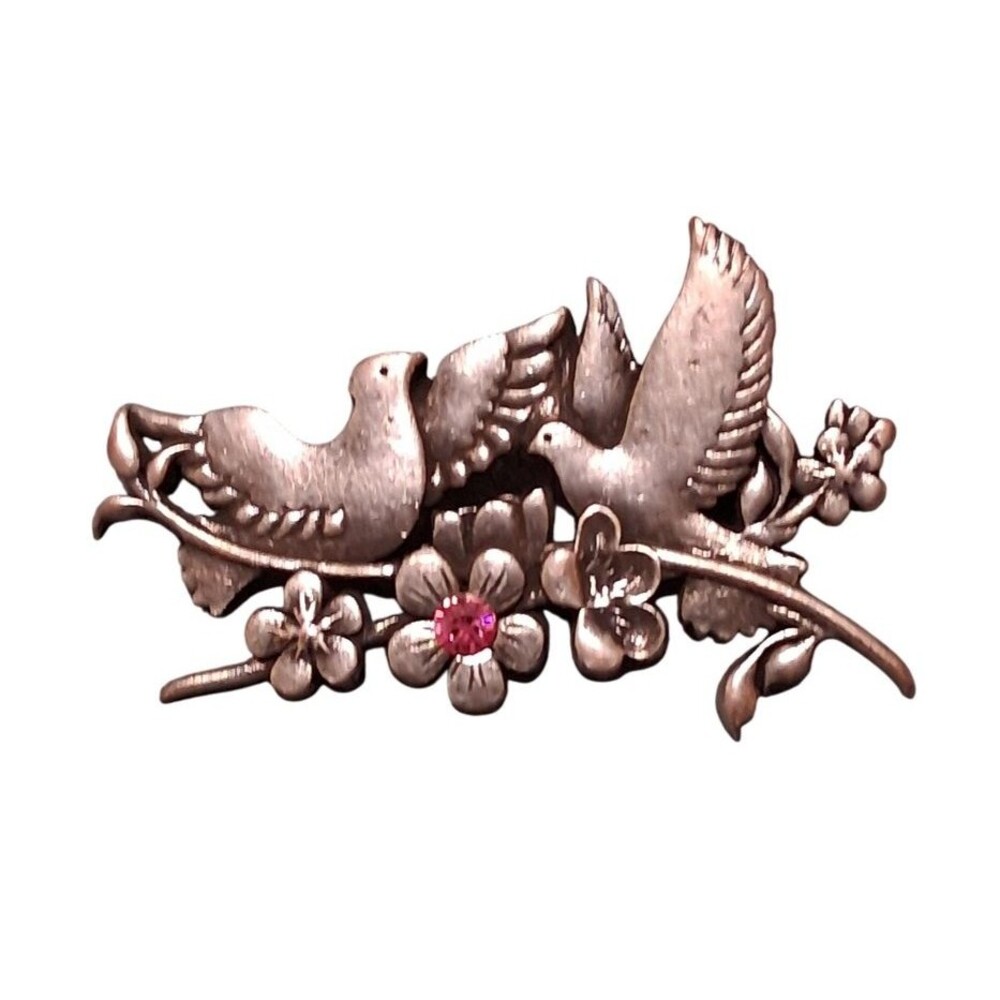 Boehm At Home Birds Flowers Brooch Pin Pink Rhinestone Doves Jewelry